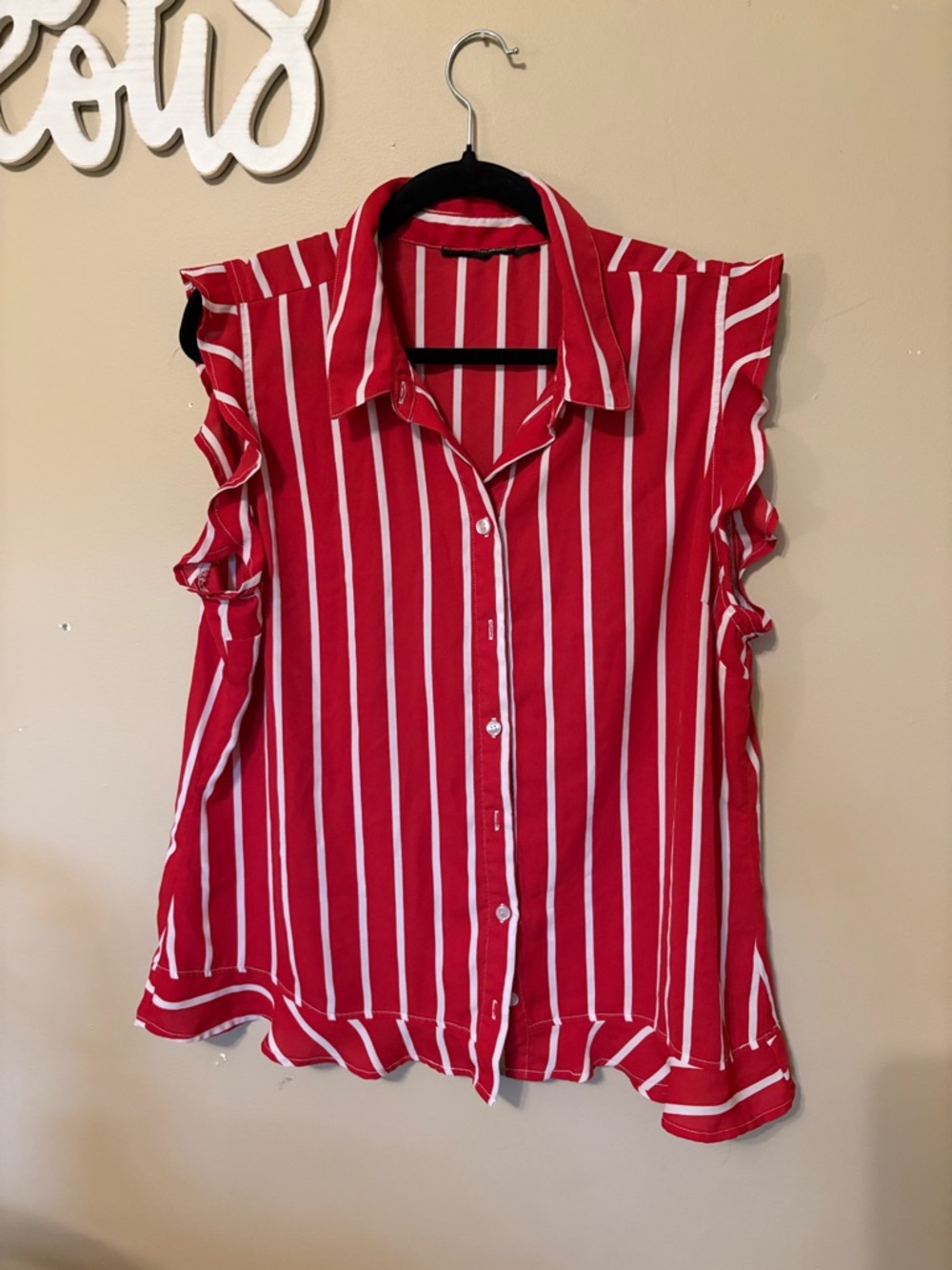 New York & Company Red and White Striped Ruffle Sleeve Button-Up Top